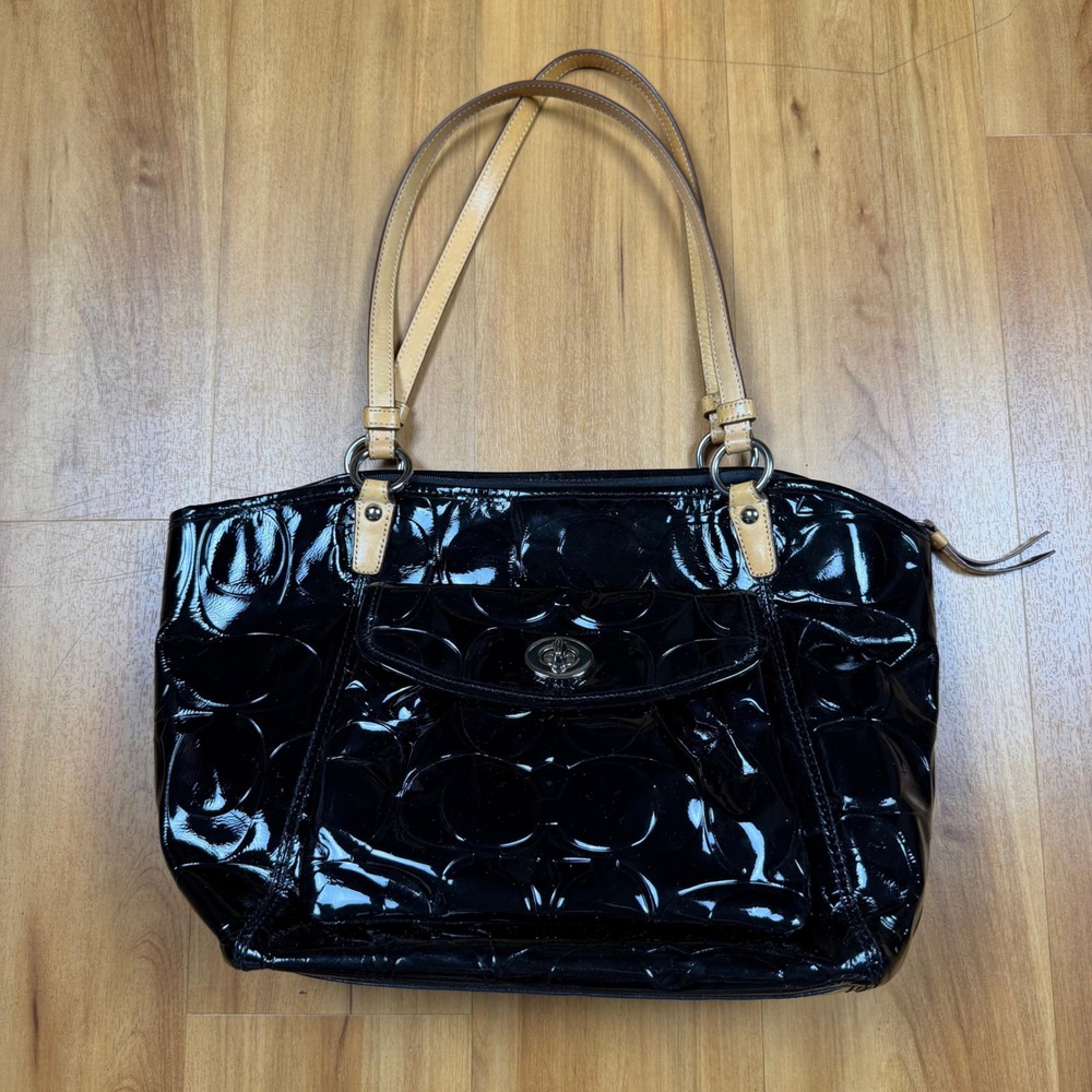 Coach Kristin Op Art Black Patent Leather Tote Bag Blue Lining F14663 Mens